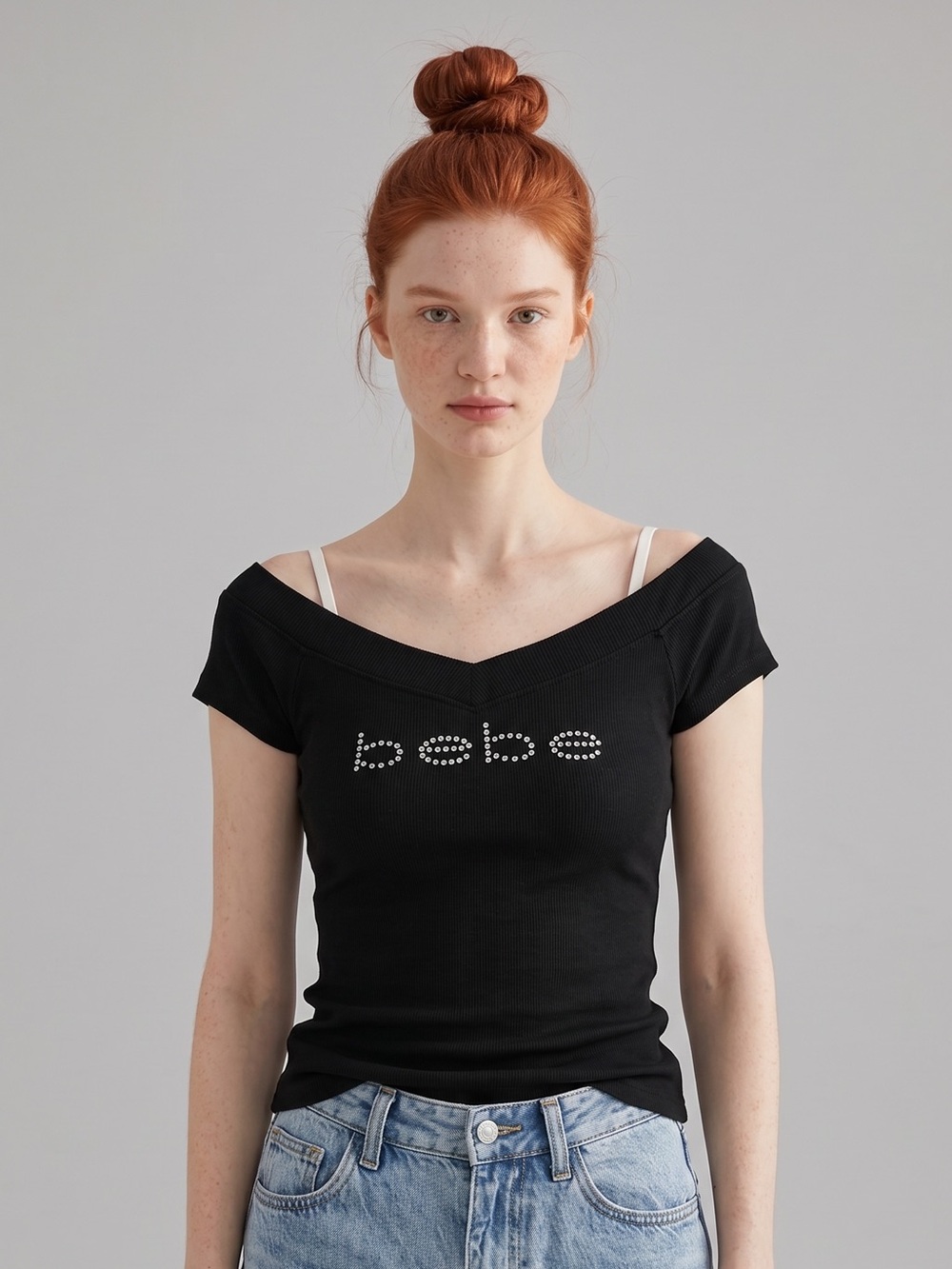 bebe Black Off-Shoulder Ribbed rhinestone Logo Tank Top. Rave. Y2K. Festival. S